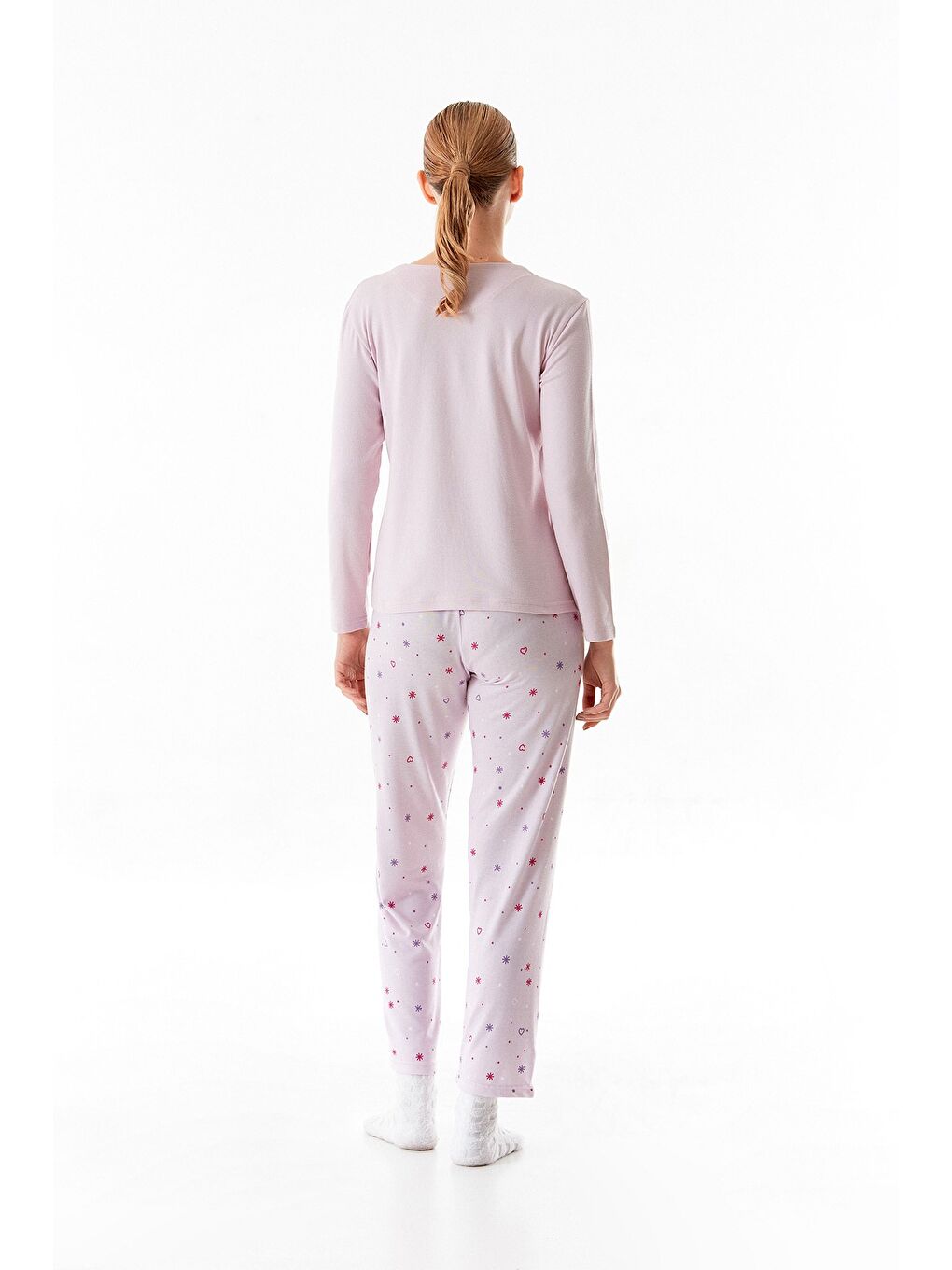 Lila Yazı Baskılı Bisiklet Yaka 2'li Pijama Takımı-3