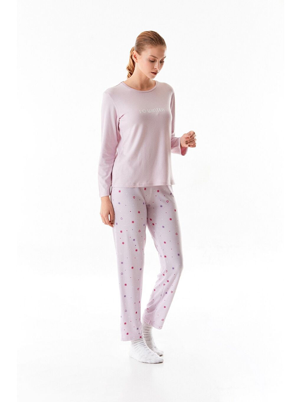 Lila Yazı Baskılı Bisiklet Yaka 2'li Pijama Takımı-4