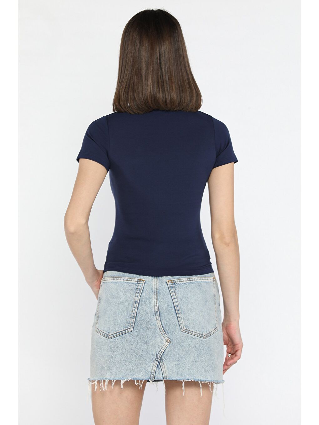 Lacivert Kadın Bisiklet Yaka Elastanlı Modal Kumaş Crop Top Bluz-3