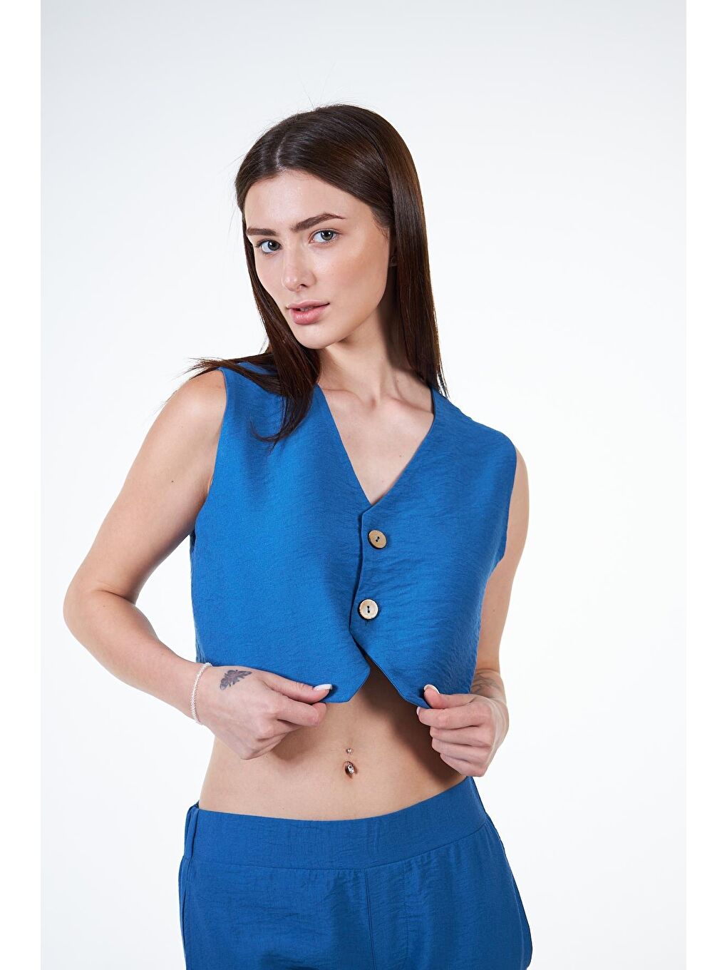 Mavi Kadın Keten Görünümlü Crop Klasik Yelek-5
