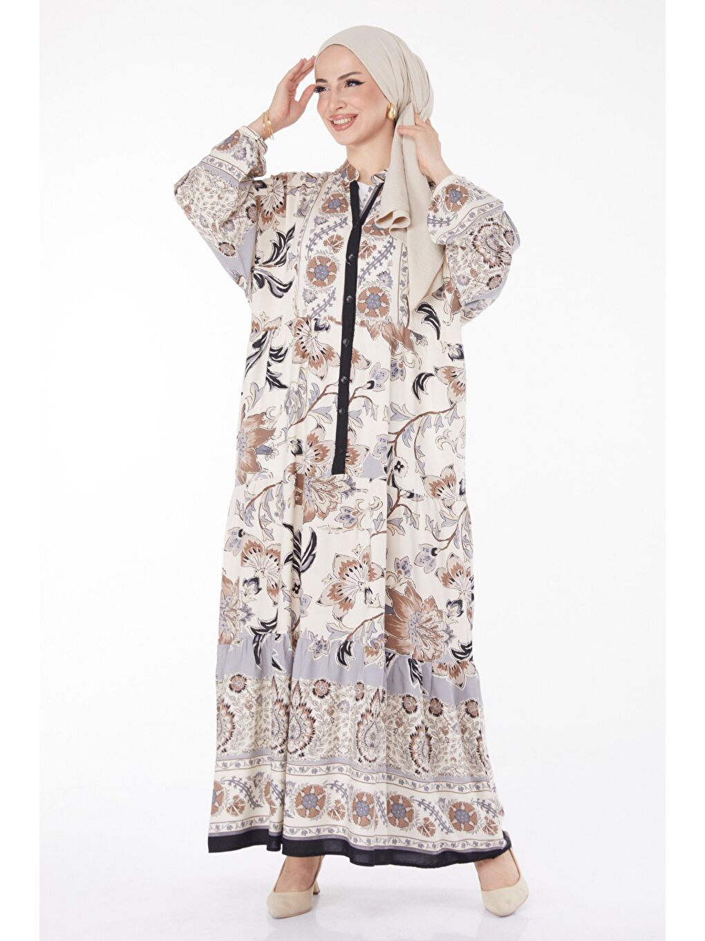 Hakim Yaka Kadın Siyah Desenli Elbise - 25829