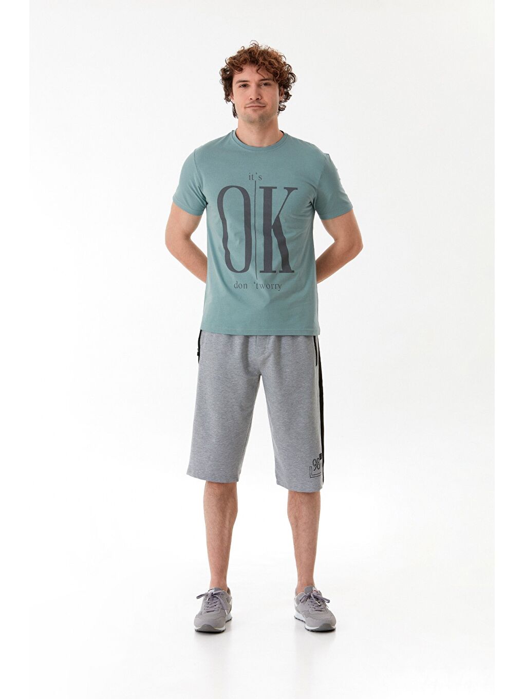 Yeşil It`s Ok Baskılı Bisiklet Yaka %100 Pamuk Tişört-1