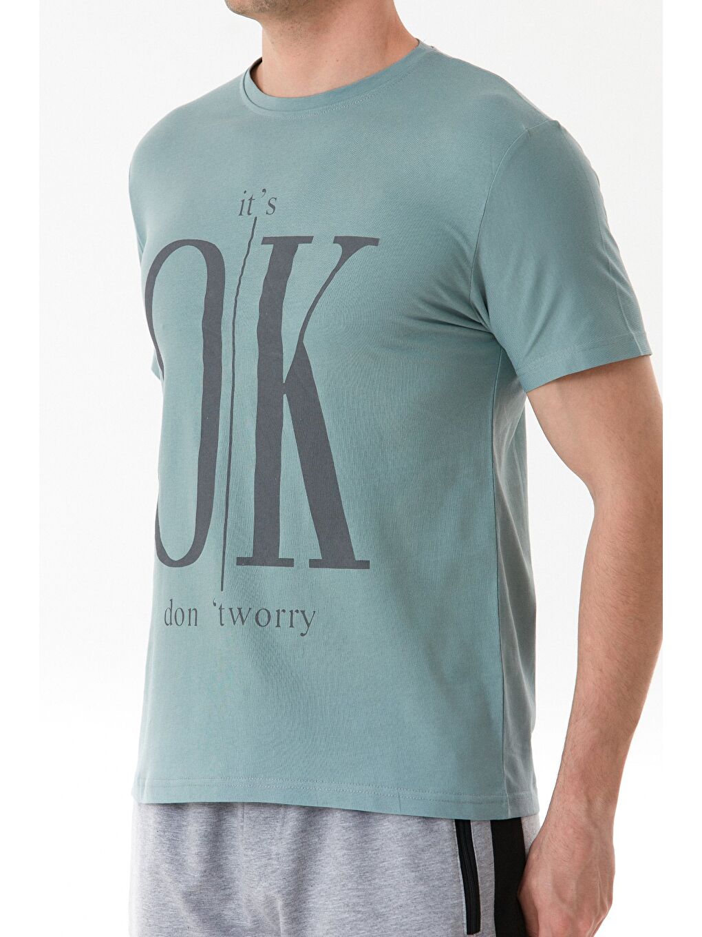 Yeşil It`s Ok Baskılı Bisiklet Yaka %100 Pamuk Tişört-4