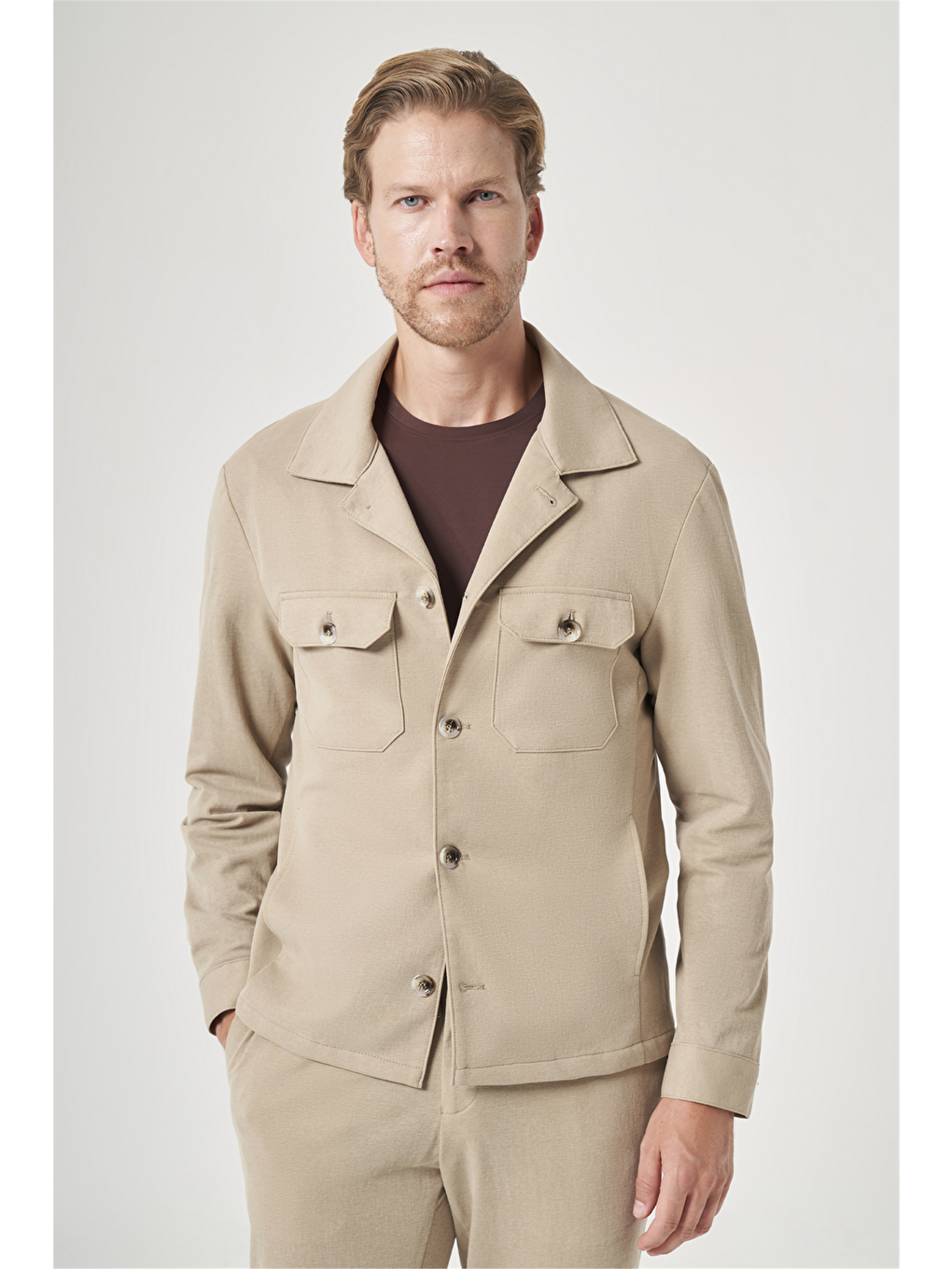 Bej Berberi Yaka Örme Beli Lastikli 6 Drop Slim Fit Astarsız Esnek Takım Elbise 1001260177-1