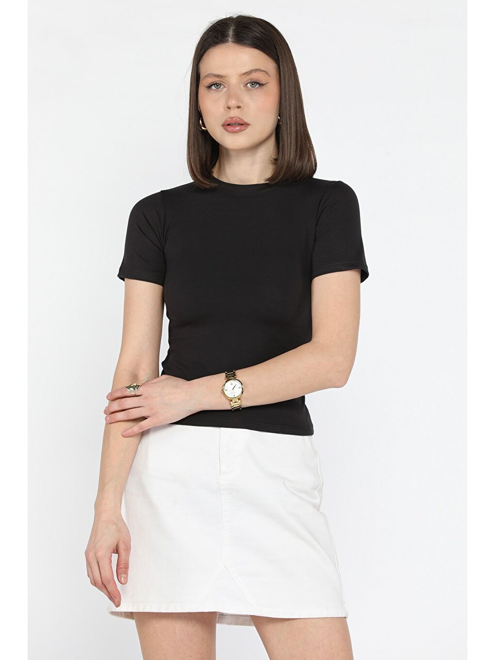 Siyah Kadın Bisiklet Yaka Elastanlı Modal Kumaş Crop Top Bluz-1