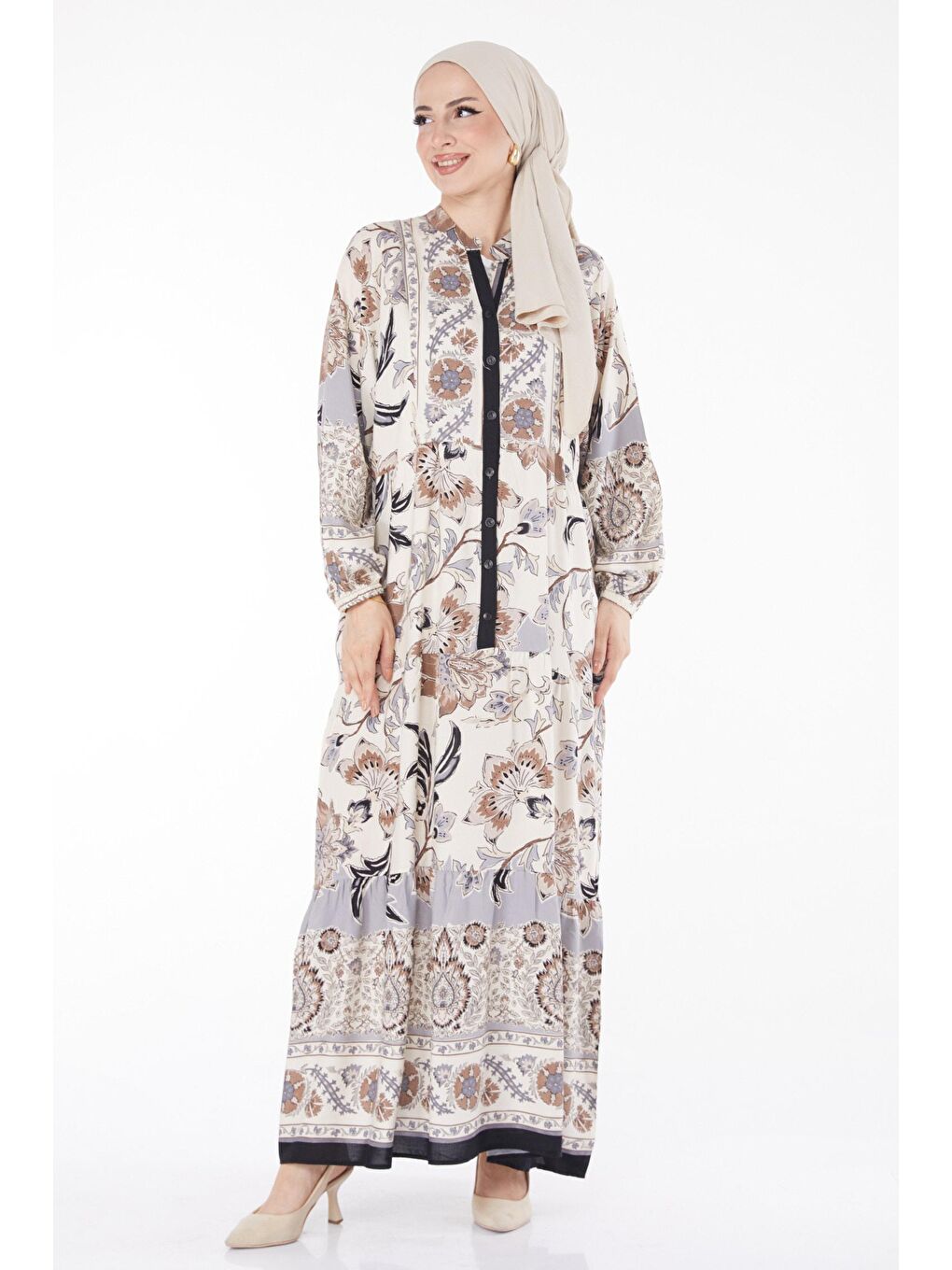 Hakim Yaka Kadın Siyah Desenli Elbise - 25829-1