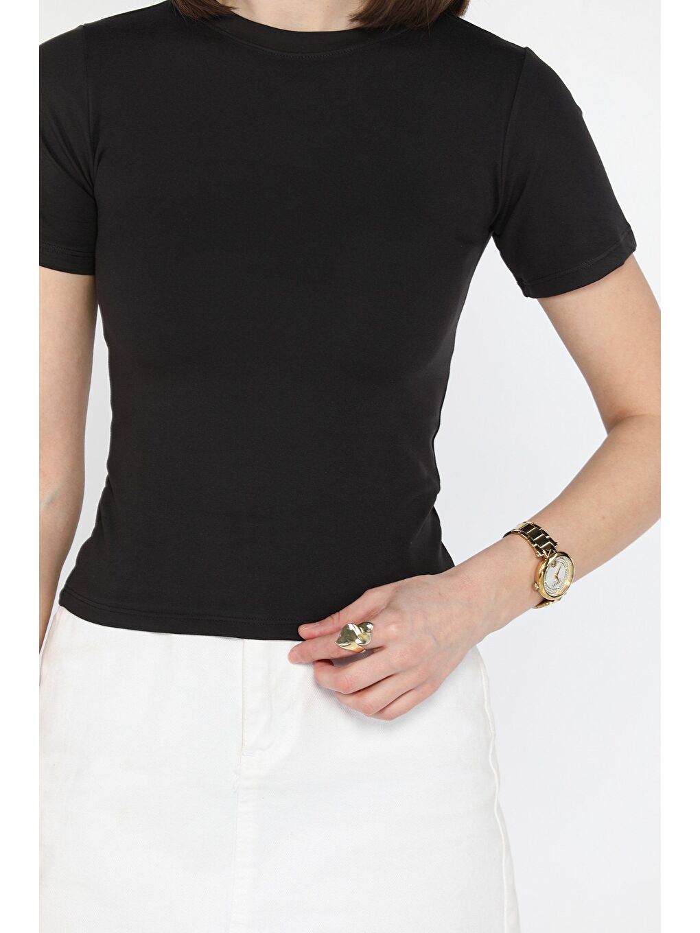 Siyah Kadın Bisiklet Yaka Elastanlı Modal Kumaş Crop Top Bluz-2