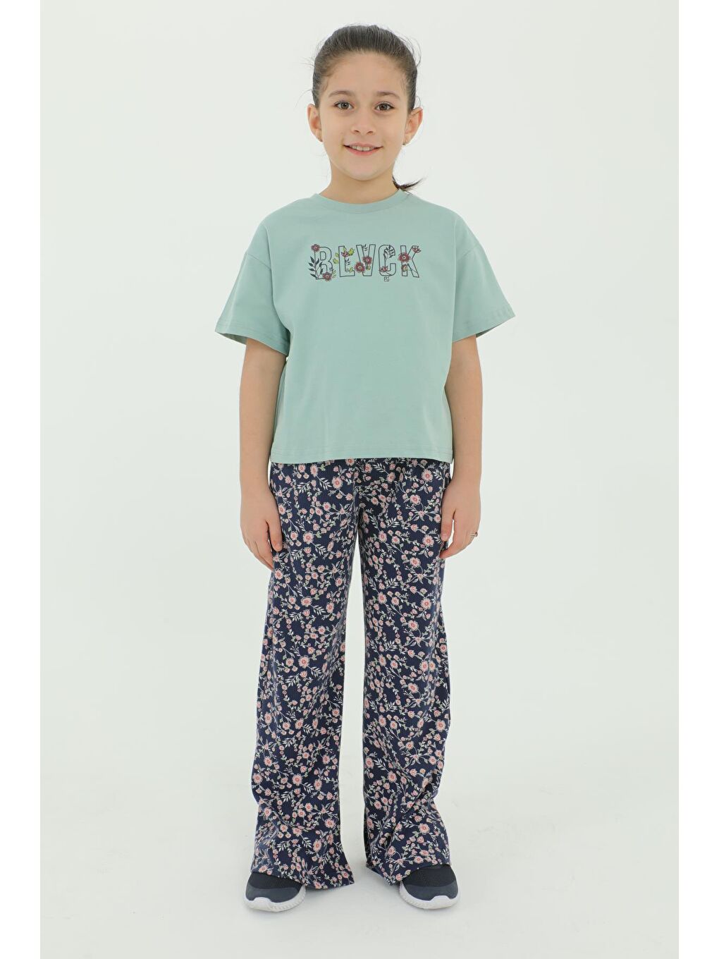 Yeşil Bisiklet Yaka Baskı Detaylı Çiçekli Kız Çocuk Alt Üst Takım