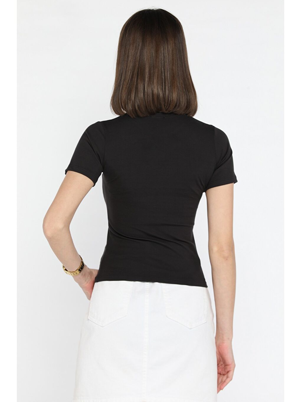 Siyah Kadın Bisiklet Yaka Elastanlı Modal Kumaş Crop Top Bluz-3