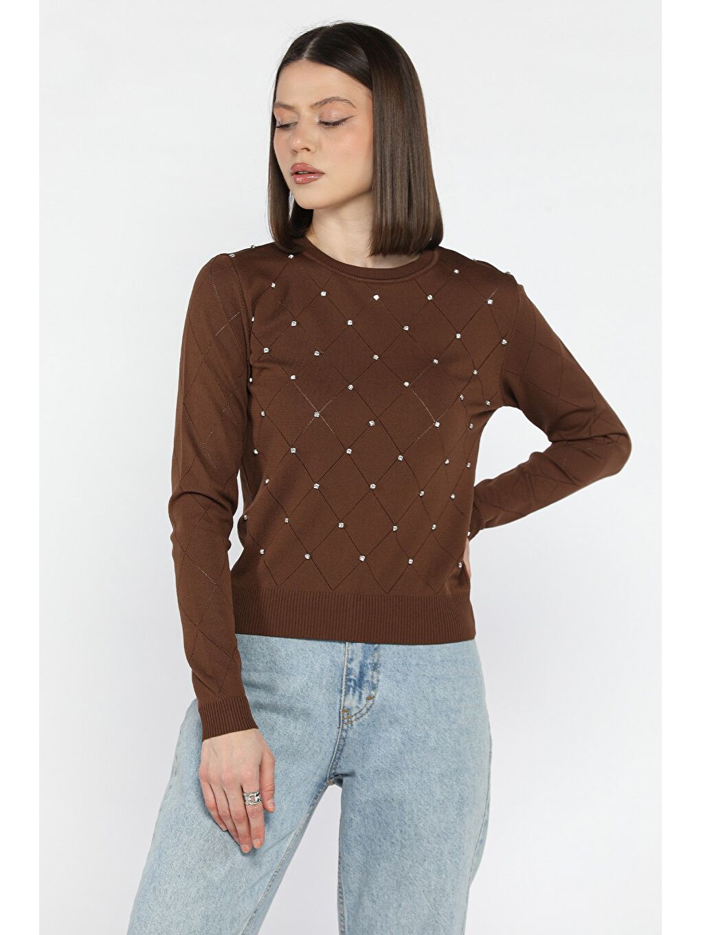 Kahverengi Kadın Bisiklet Yaka Taş İşlemeli Triko Bluz