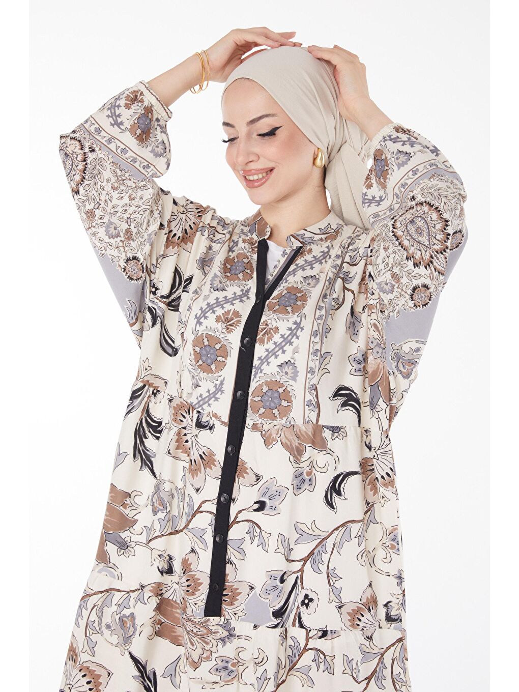 Hakim Yaka Kadın Siyah Desenli Elbise - 25829-2