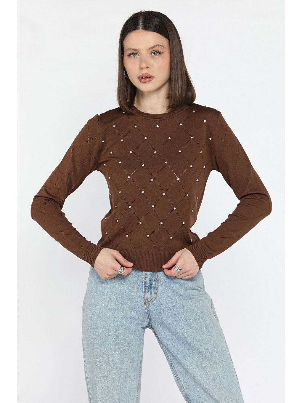 Kahverengi Kadın Bisiklet Yaka Taş İşlemeli Triko Bluz-1