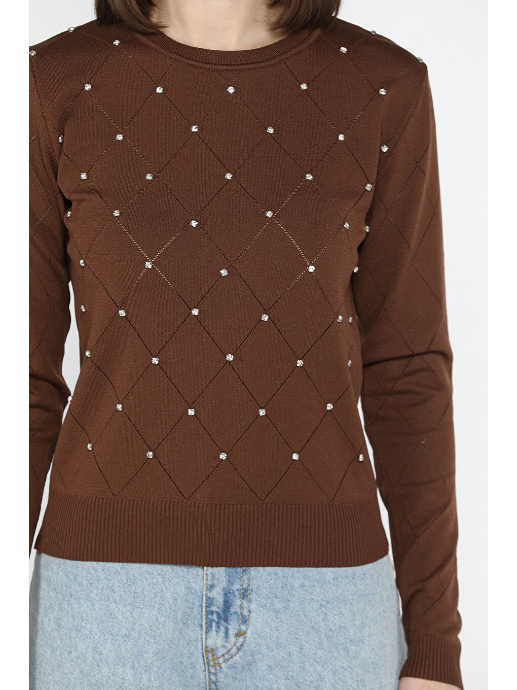 Kahverengi Kadın Bisiklet Yaka Taş İşlemeli Triko Bluz-2