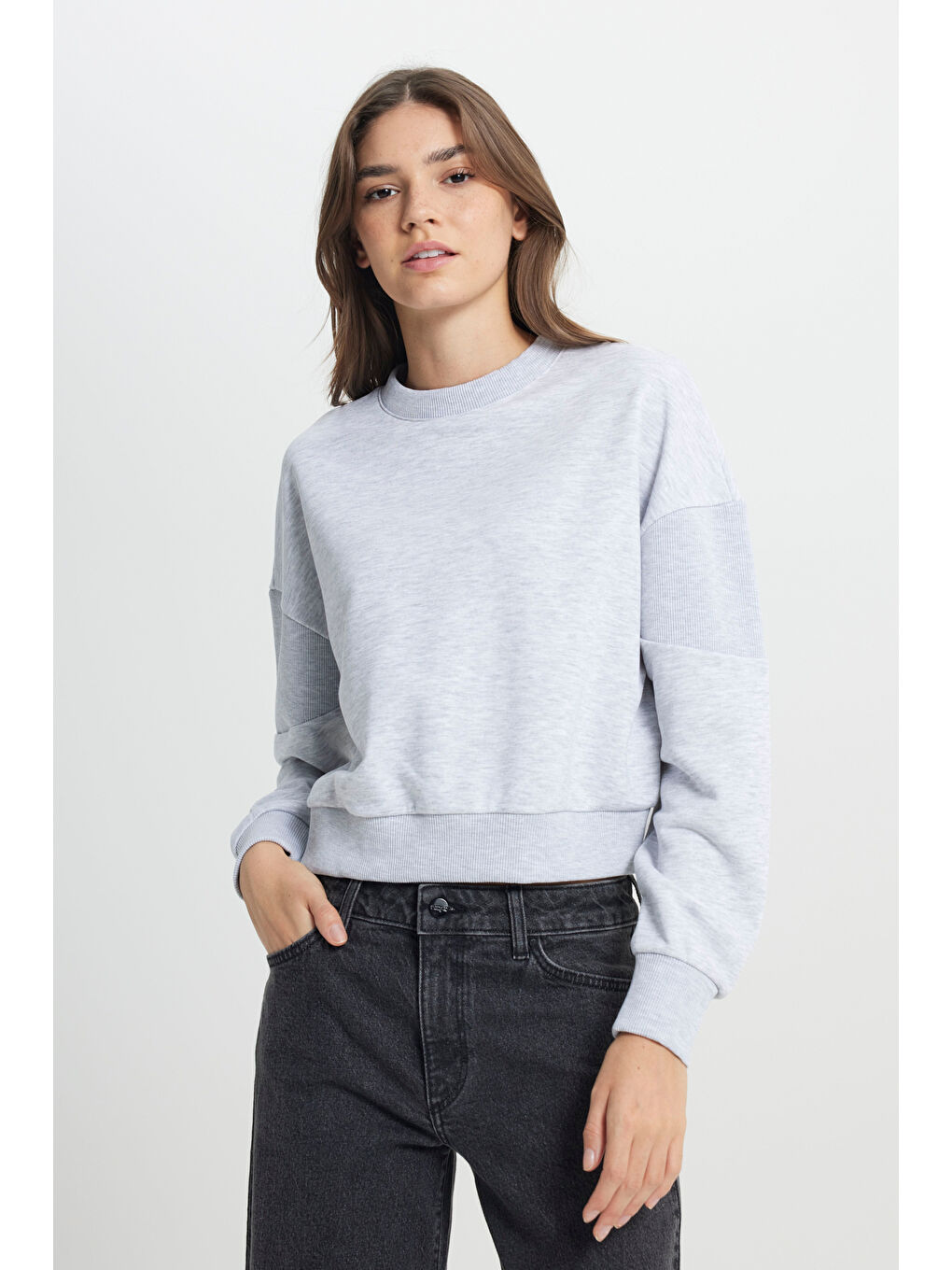 Relaxed Fit Geniş Kesim Bisiklet Yaka Gri Melanj Sweatshirt-1