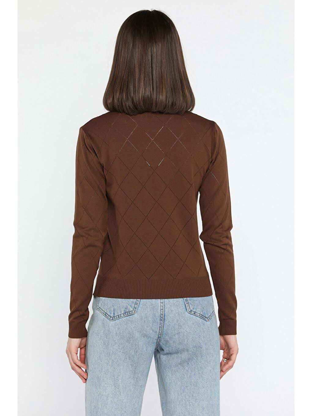 Kahverengi Kadın Bisiklet Yaka Taş İşlemeli Triko Bluz-3