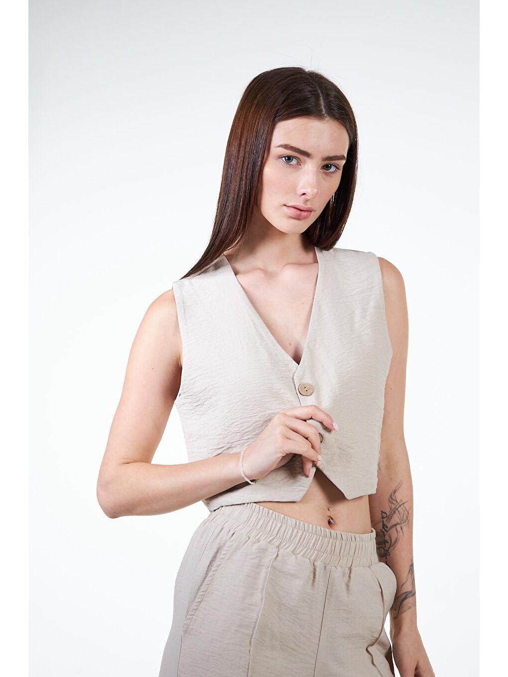 Bej Kadın Keten Görünümlü Crop Klasik Yelek-5