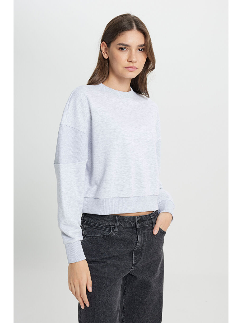 Relaxed Fit Geniş Kesim Bisiklet Yaka Gri Melanj Sweatshirt-2