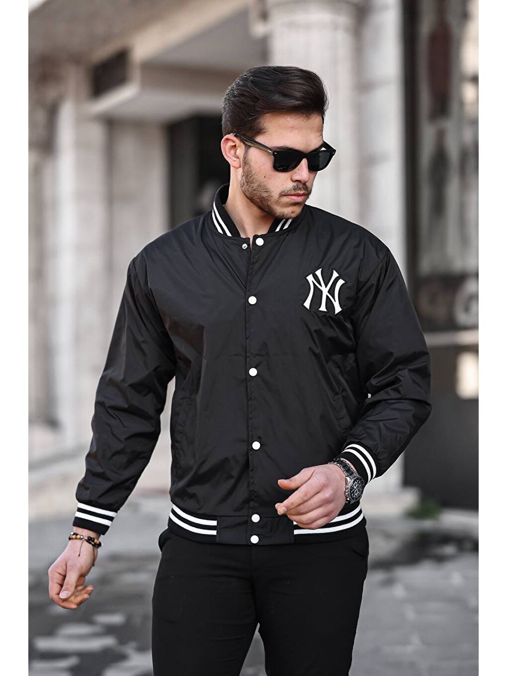Erkek Baskılı Çıtçıtlı Siyah Kolej Ceket-1