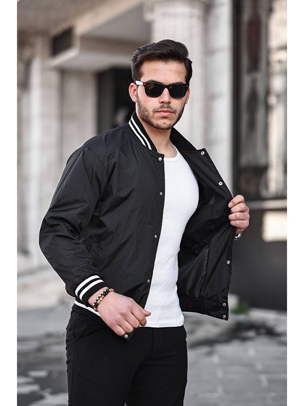 Erkek Baskılı Çıtçıtlı Siyah Kolej Ceket-2