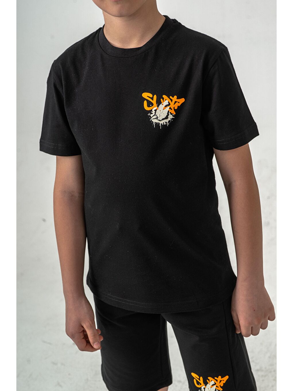 Siyah Ust On Ve Arka Baskılı Erkek Çocuk Şort - Tişört Takımı-6