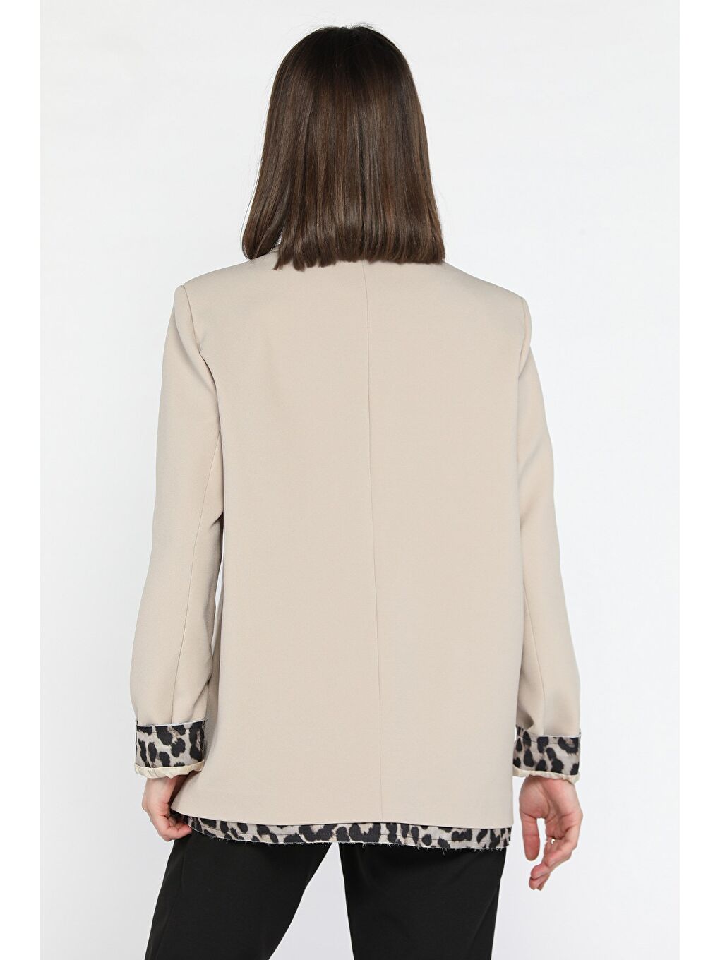 Bej Kadın Astarlı Leopar Detaylı Oversize Blazer Ceket-2
