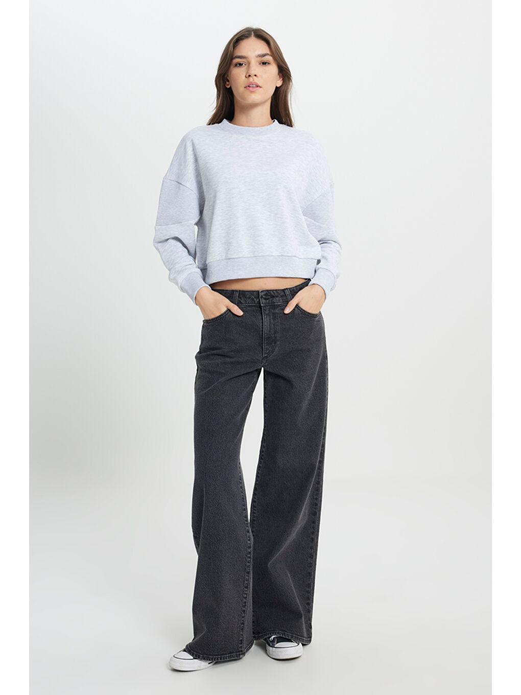 Relaxed Fit Geniş Kesim Bisiklet Yaka Gri Melanj Sweatshirt-4