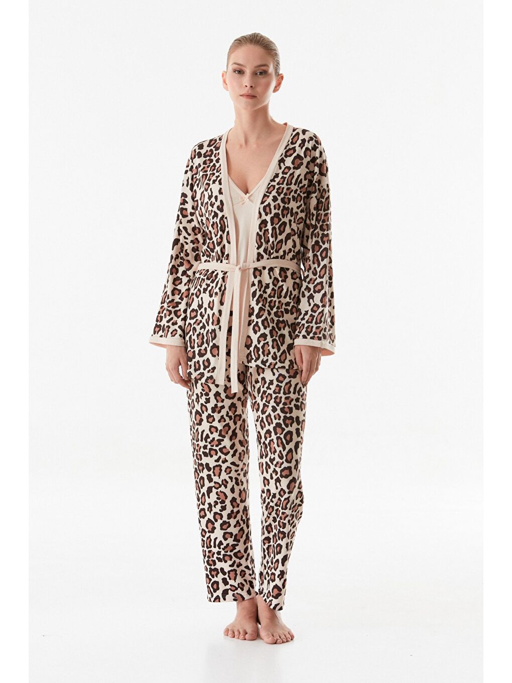 Fullamoda Bej Leopar Desenli Askılı 3 Lü Pijama Takımı - 3