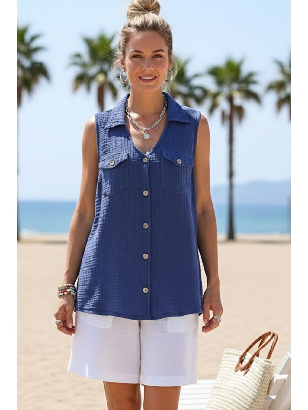 Saks Mavisi Gömlek Yaka Kolsuz Düğmeli Çift Kapaklı Cepli Yıkamalı Casual Müslin Dokuma Bluz 62 55