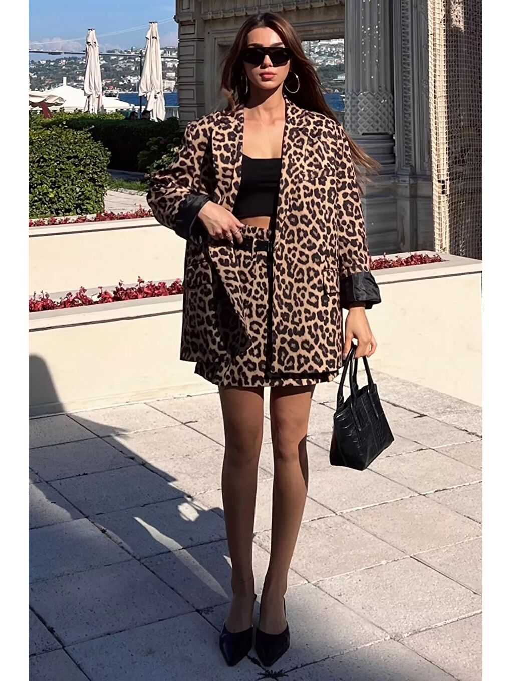 Kahverengi Kadın Leopar Desen Oversize Astarlı Blazer Ceket