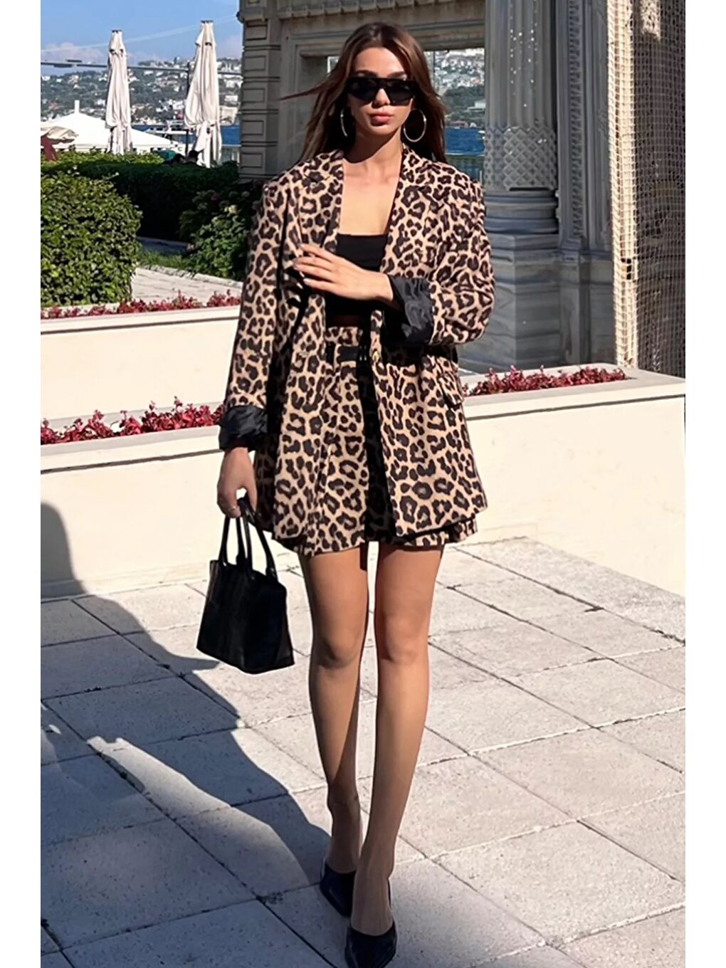 Kahverengi Kadın Leopar Desen Oversize Astarlı Blazer Ceket-1