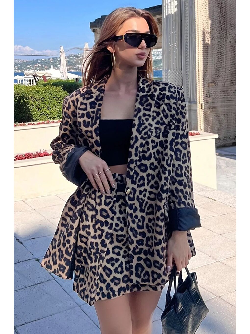 Kahverengi Kadın Leopar Desen Oversize Astarlı Blazer Ceket-2