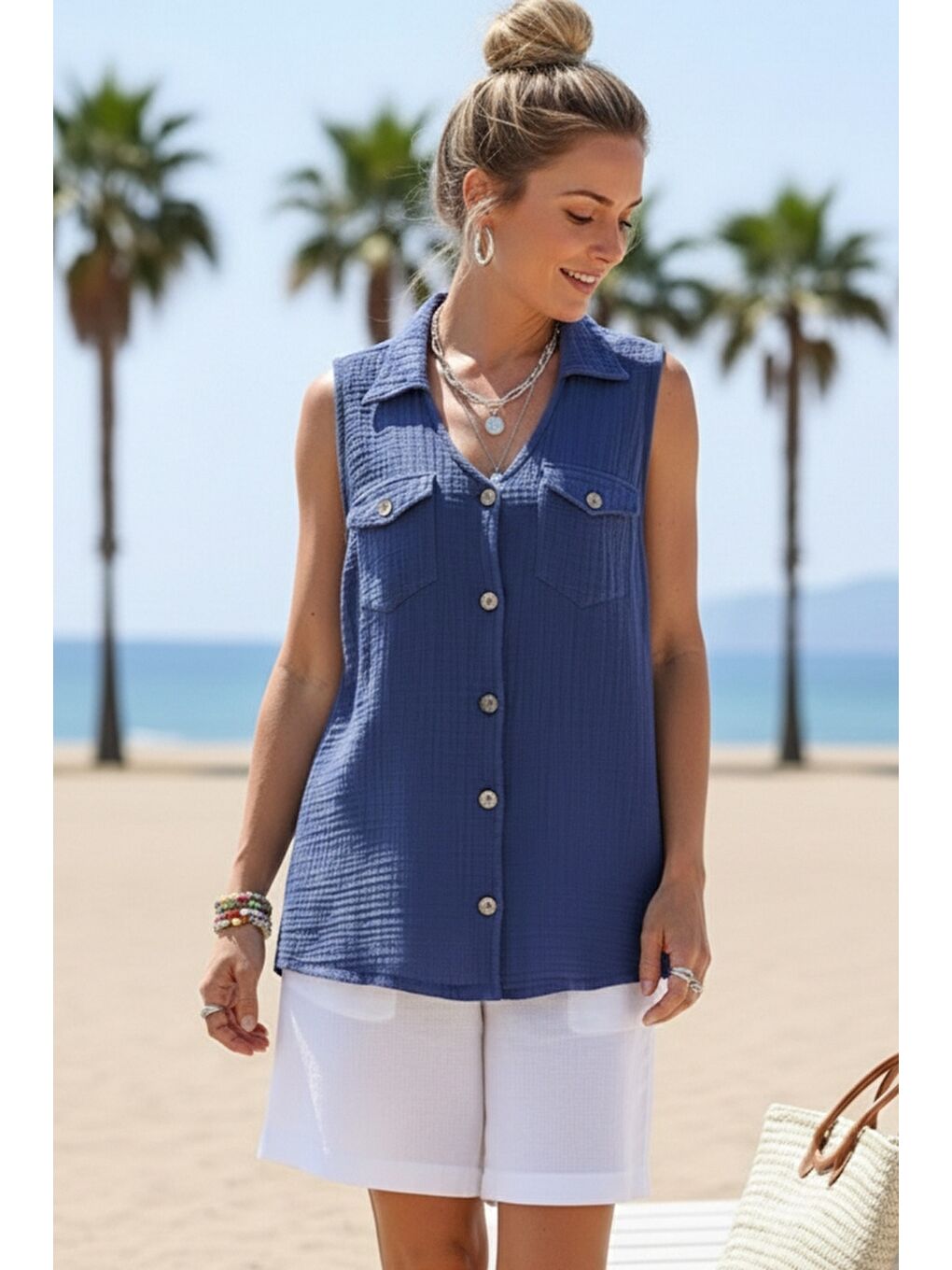 Saks Mavisi Gömlek Yaka Kolsuz Düğmeli Çift Kapaklı Cepli Yıkamalı Casual Müslin Dokuma Bluz 62 55-1