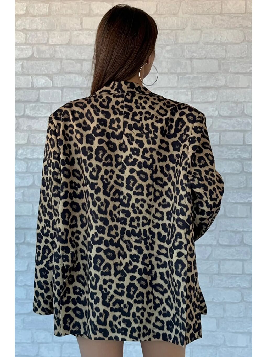 Kahverengi Kadın Leopar Desen Oversize Astarlı Blazer Ceket-3