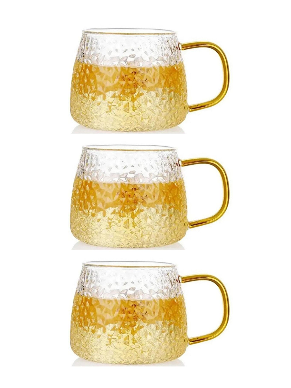 Renksiz Sarı Kulplu 350 ml Cam Fincan 3 Adet