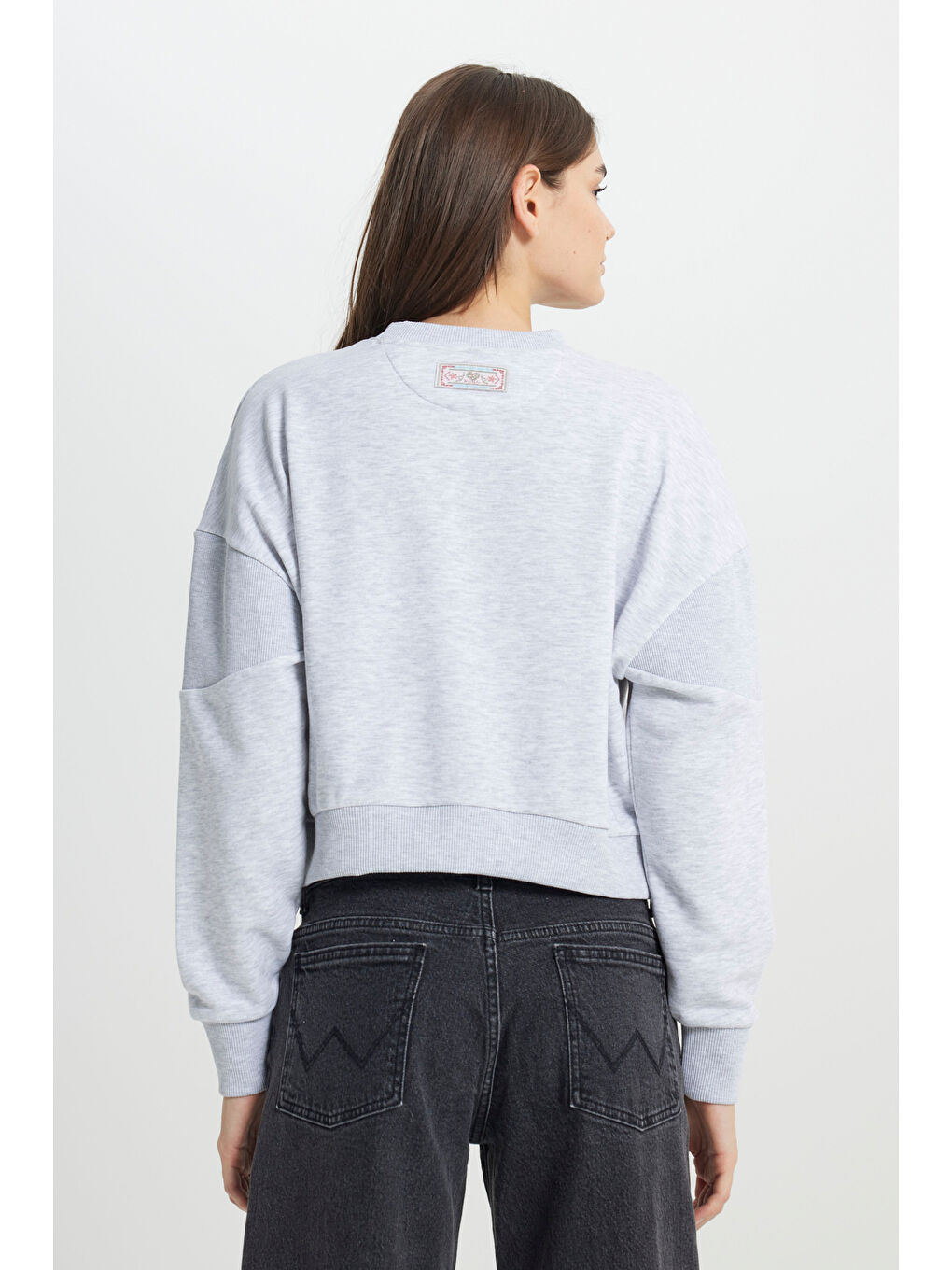 Relaxed Fit Geniş Kesim Bisiklet Yaka Gri Melanj Sweatshirt-6