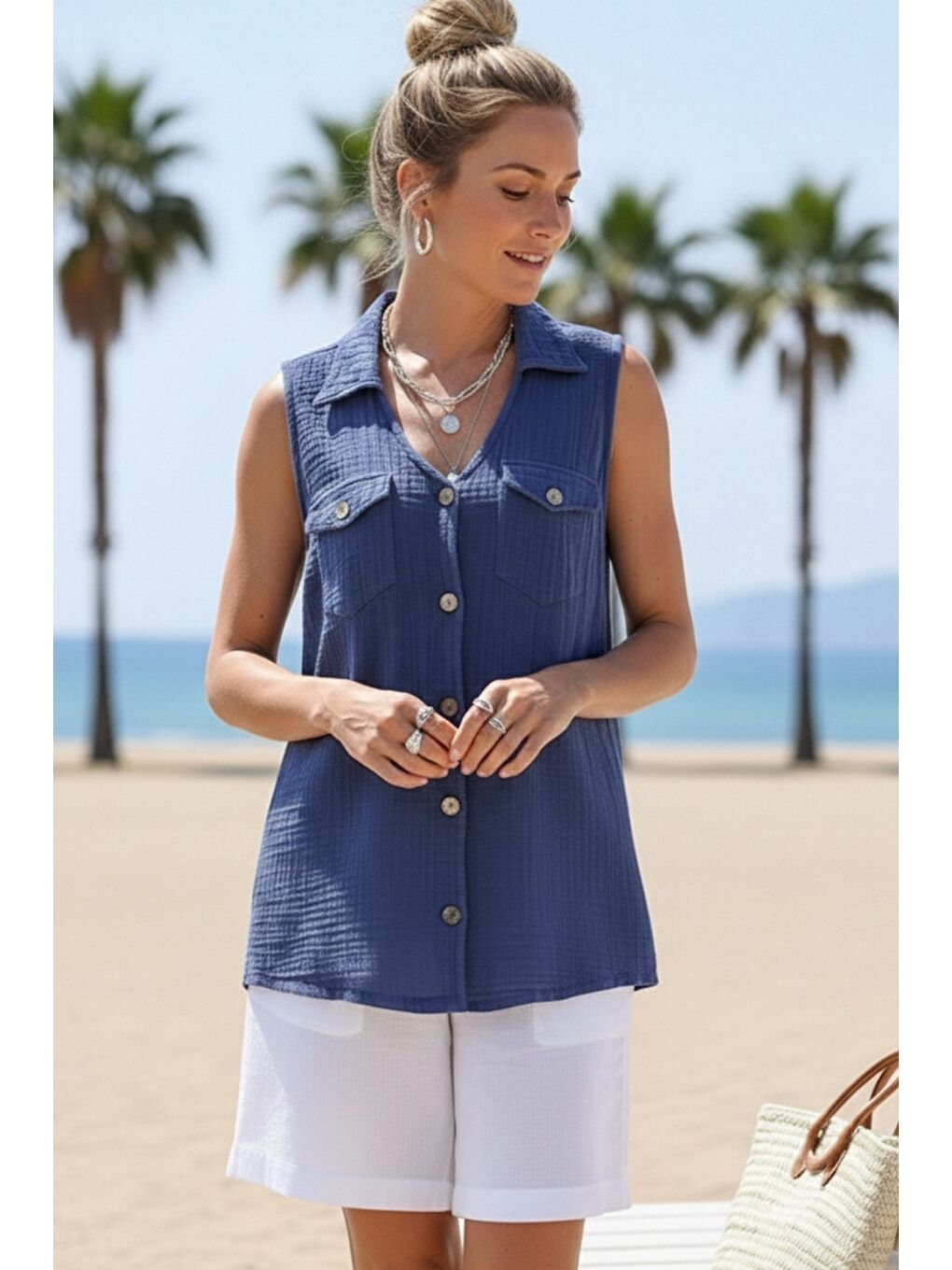 Saks Mavisi Gömlek Yaka Kolsuz Düğmeli Çift Kapaklı Cepli Yıkamalı Casual Müslin Dokuma Bluz 62 55-2