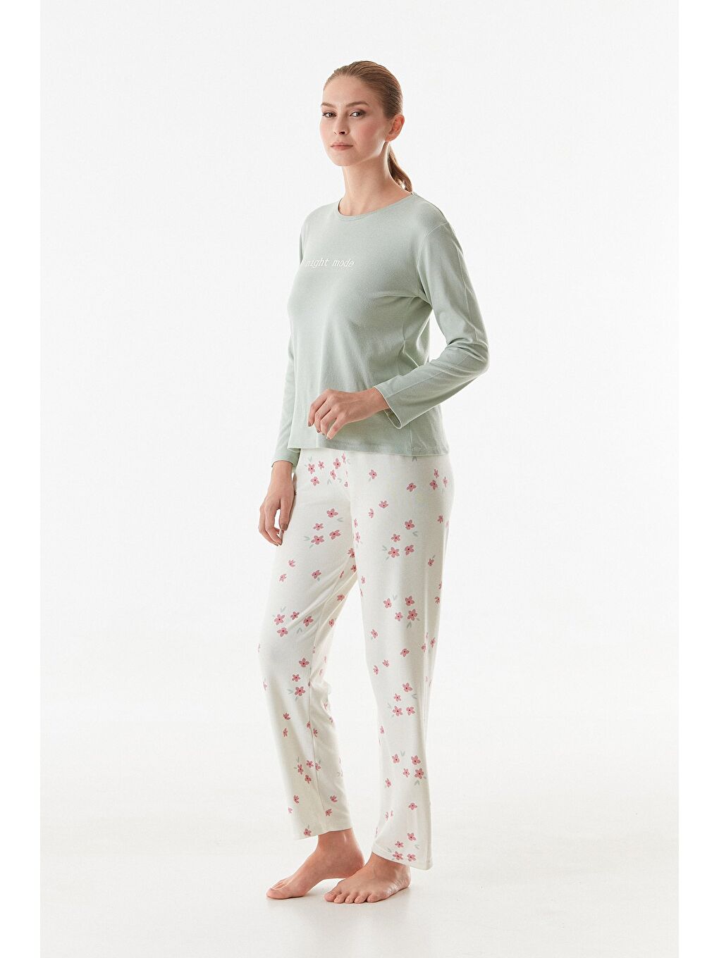 Turkuaz Yazı Baskılı Bisiklet Yaka 2'li Pijama Takımı-1