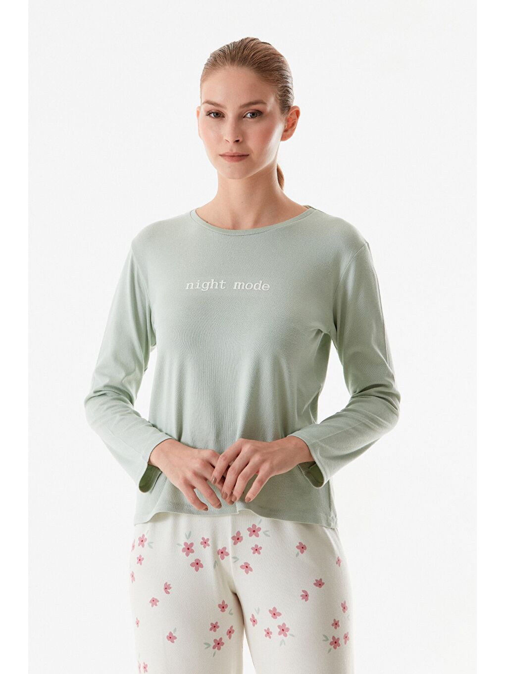 Turkuaz Yazı Baskılı Bisiklet Yaka 2'li Pijama Takımı-2