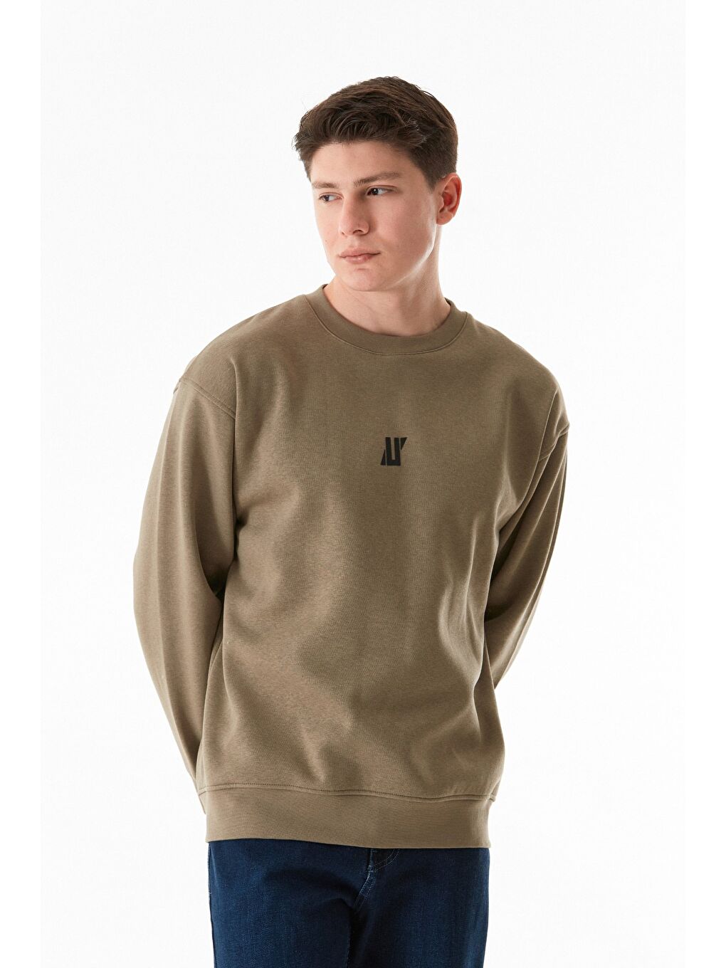 Haki 3 İplik Baskılı Bisiklet Yaka Sweatshirt