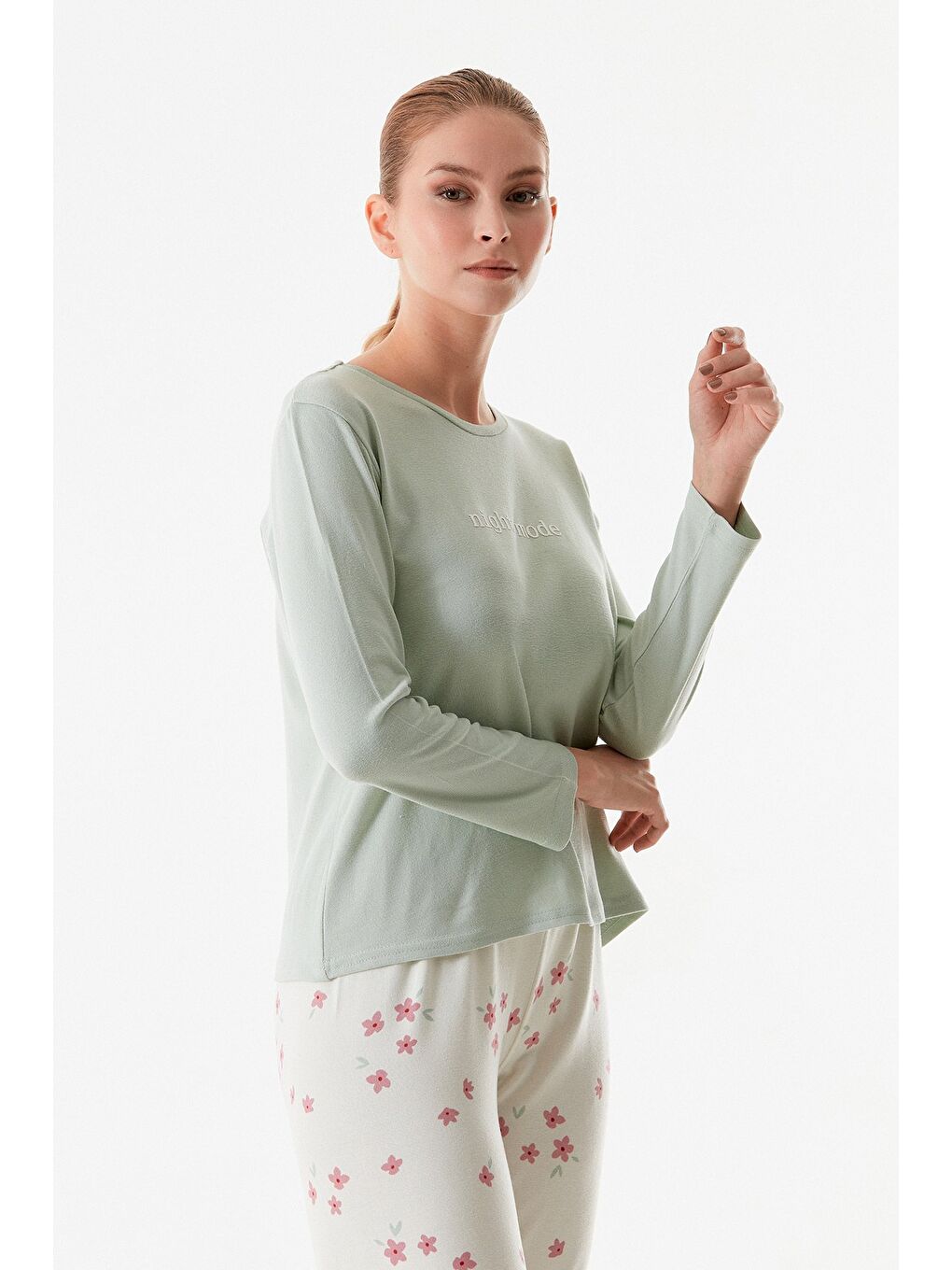 Turkuaz Yazı Baskılı Bisiklet Yaka 2'li Pijama Takımı-4