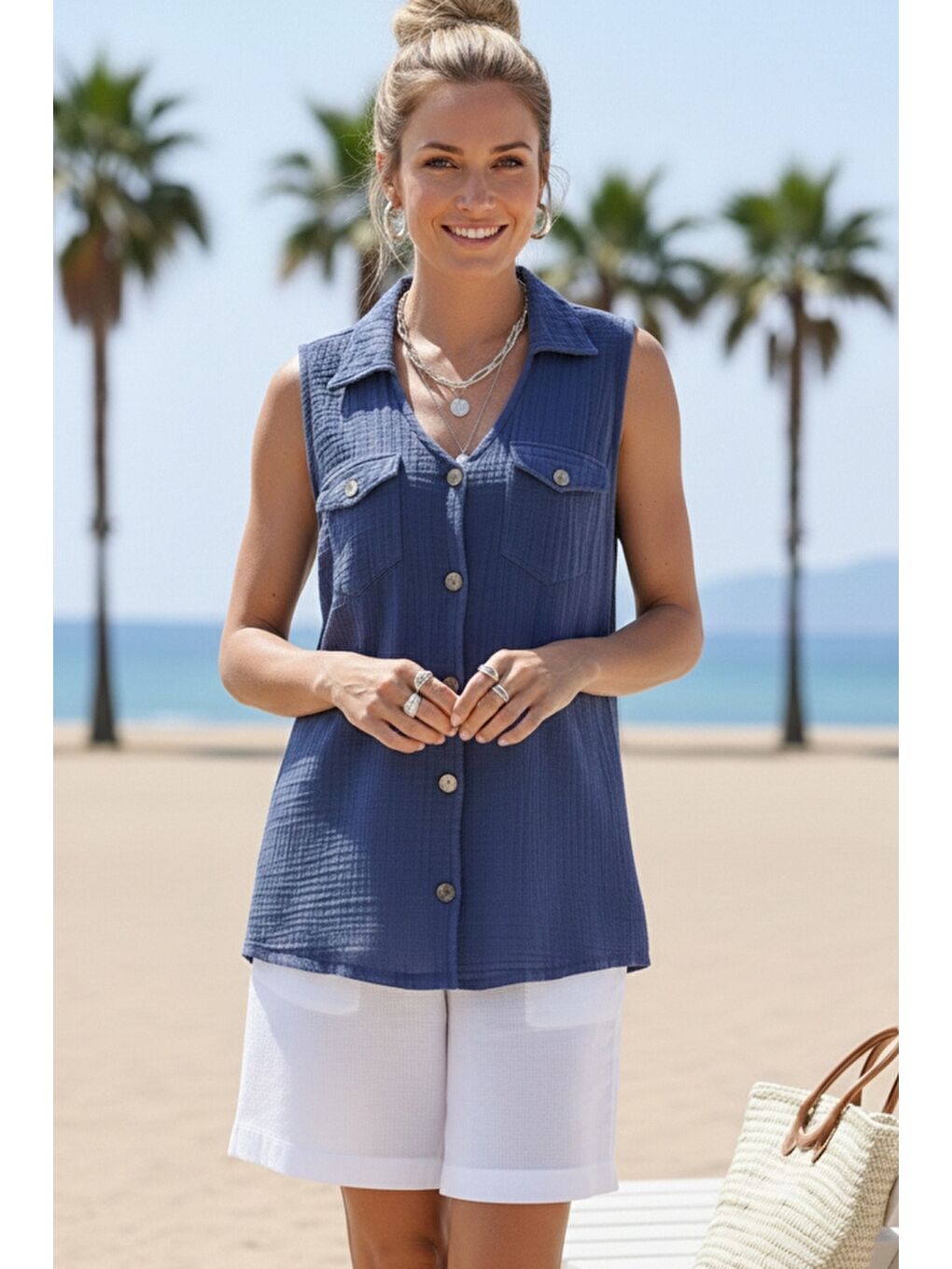 Saks Mavisi Gömlek Yaka Kolsuz Düğmeli Çift Kapaklı Cepli Yıkamalı Casual Müslin Dokuma Bluz 62 55-3