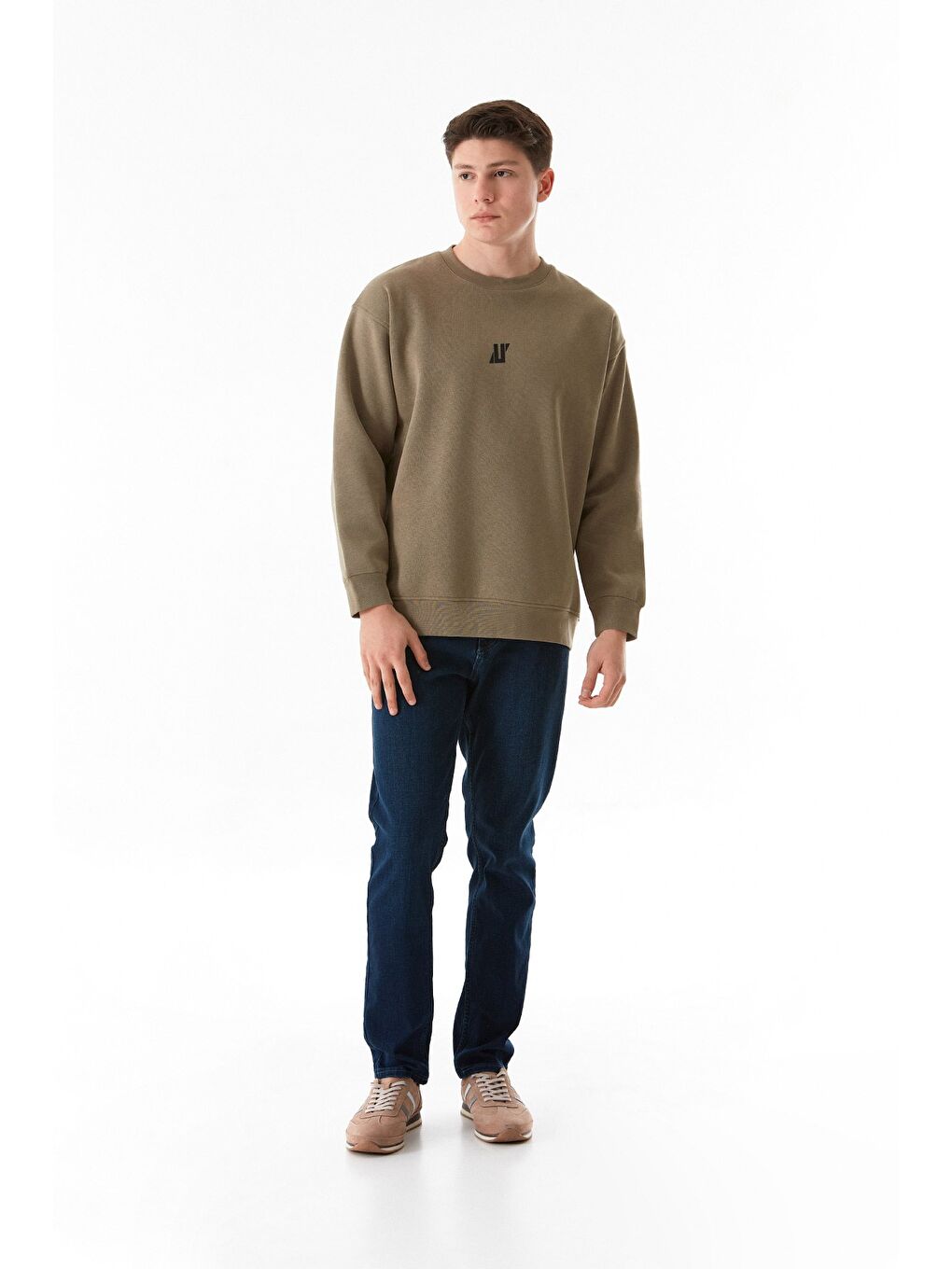 Haki 3 İplik Baskılı Bisiklet Yaka Sweatshirt-1