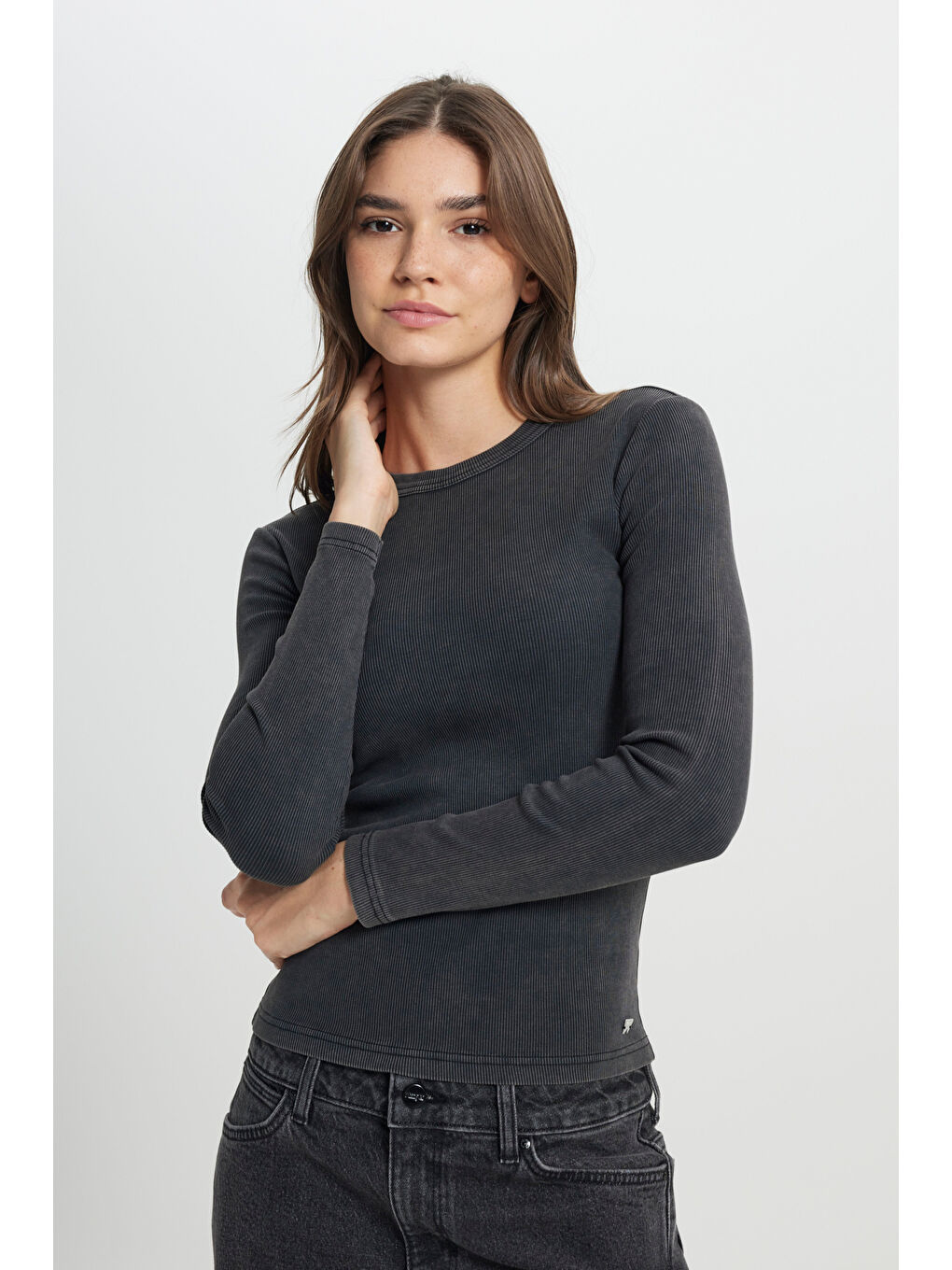 Slim Fit Dar Kesim Bisiklet Yaka Siyah Tişört-1