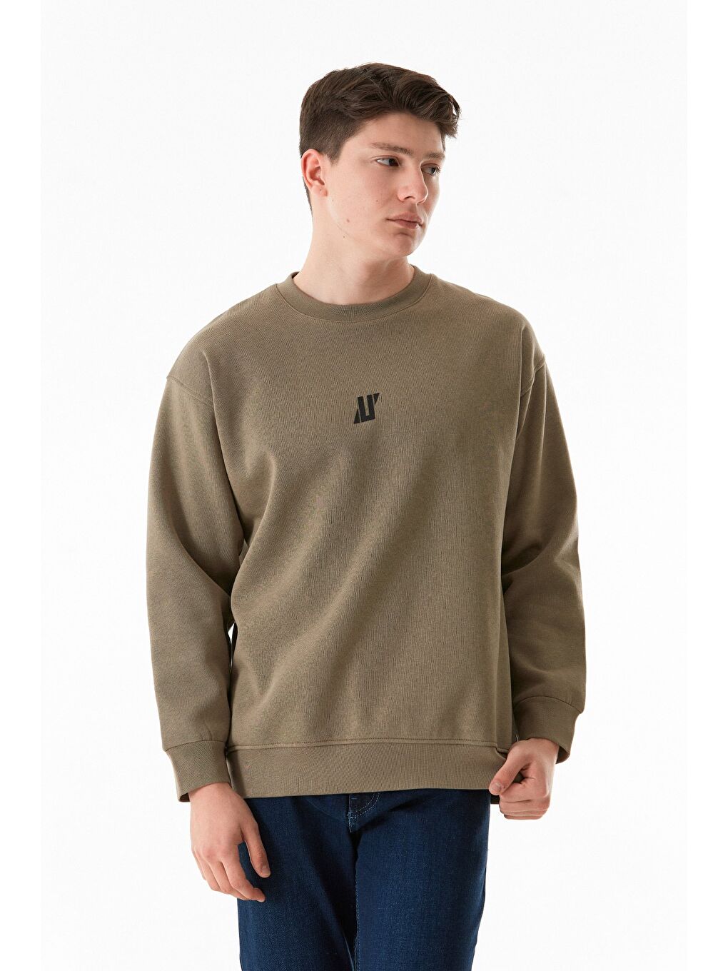 Haki 3 İplik Baskılı Bisiklet Yaka Sweatshirt-2