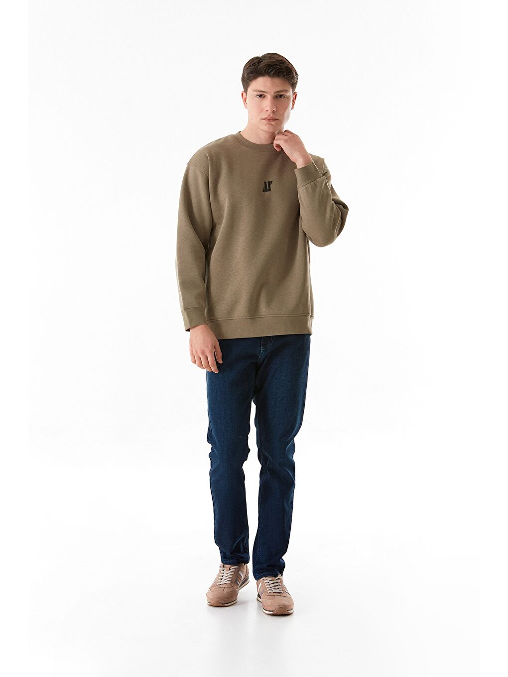 Haki 3 İplik Baskılı Bisiklet Yaka Sweatshirt-3