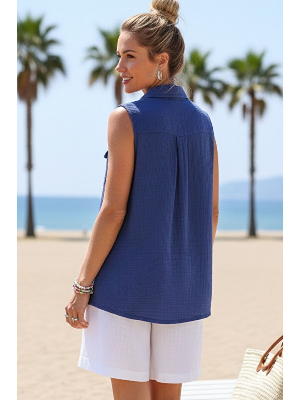 Saks Mavisi Gömlek Yaka Kolsuz Düğmeli Çift Kapaklı Cepli Yıkamalı Casual Müslin Dokuma Bluz 62 55-4