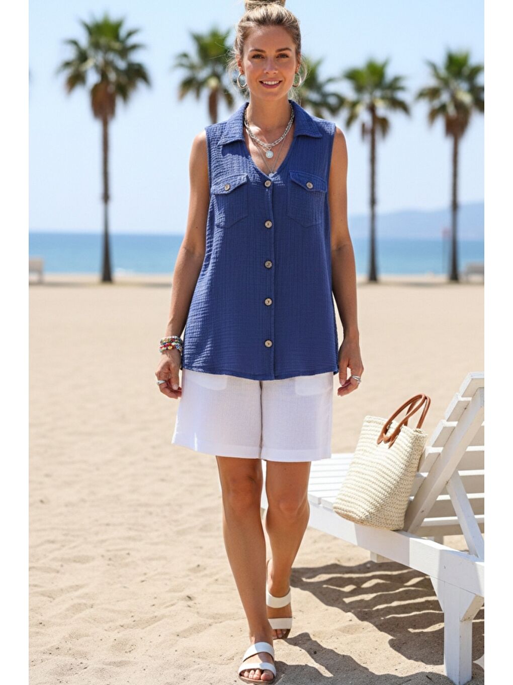 Saks Mavisi Gömlek Yaka Kolsuz Düğmeli Çift Kapaklı Cepli Yıkamalı Casual Müslin Dokuma Bluz 62 55-5