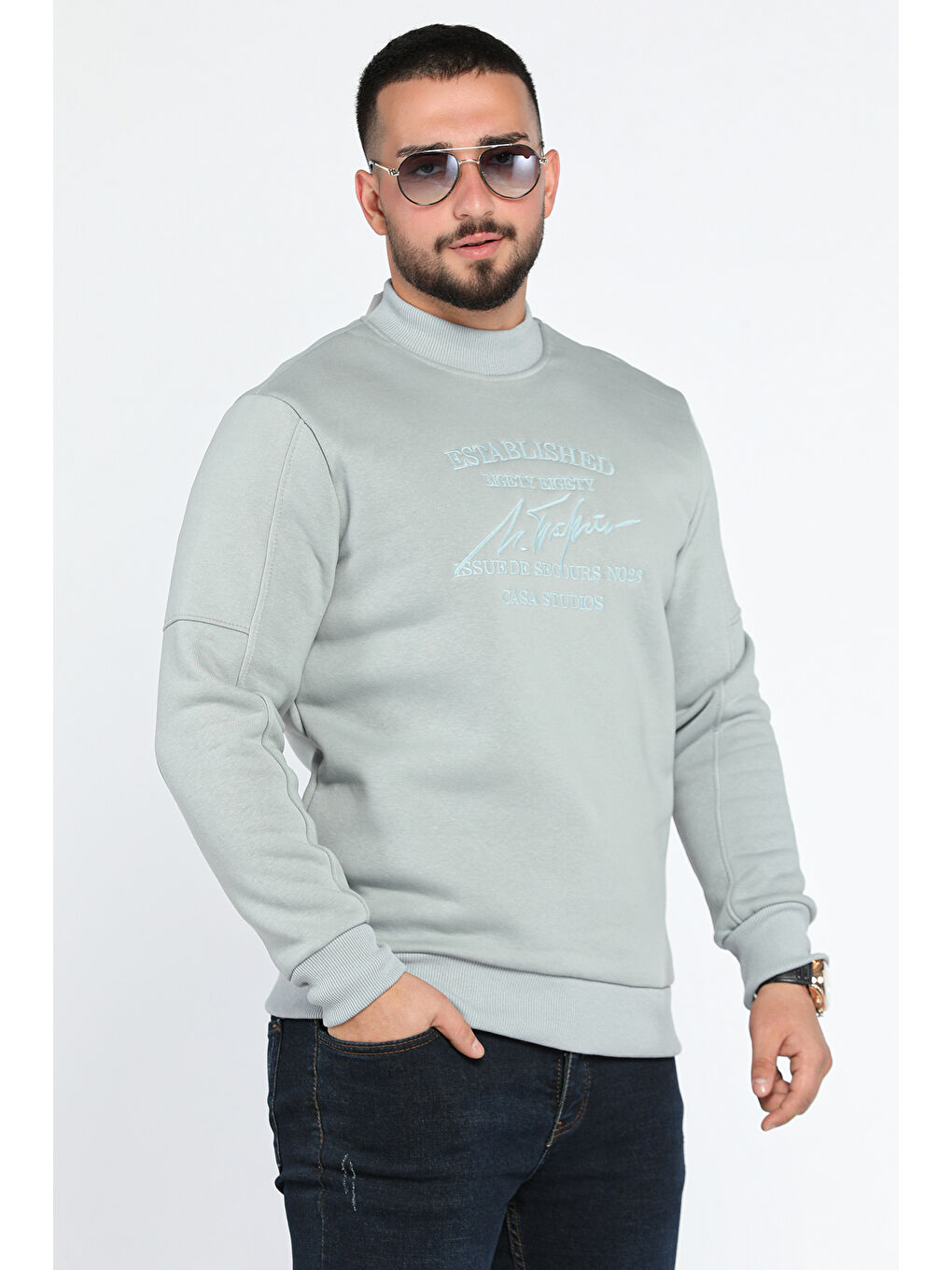 Mishar İtalia Yeşil Erkek Bisiklet Yaka Nakışlı Şardonlu Üç İplik Sweatshirt