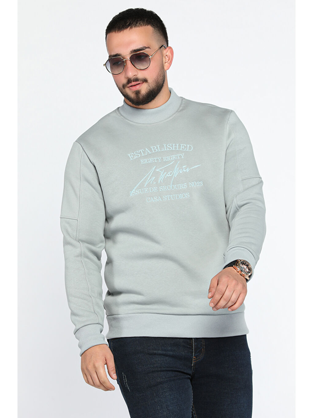 Mishar İtalia Yeşil Erkek Bisiklet Yaka Nakışlı Şardonlu Üç İplik Sweatshirt - 1