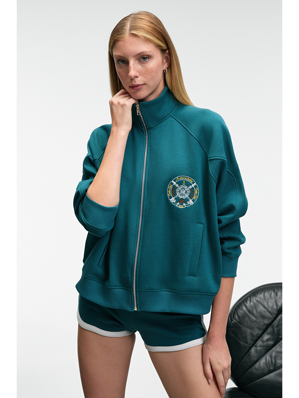 Tormenta Kadın Nakışlı Fermuarlı Dik Yaka Çift Cepli Reglan Kol Koyu Turkuaz Sweatshirt-1